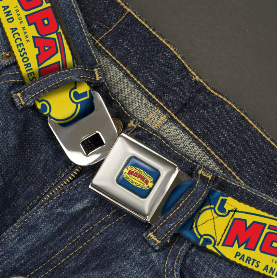 MOPAR 1937-1947 Logo Full Color Blue/Yellow/Red Seatbelt Belt - MOPAR 1937-1947 Logo-USE CHRYSLER ENGINEERED MOPAR PARTS AND ACCESSORIES Blue/Yellow/Red Webbing