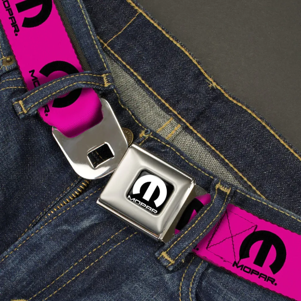 MOPAR Logo Full Color Black/White Seatbelt Belt - MOPAR Logo Repeat Hot Pink/Black Webbing