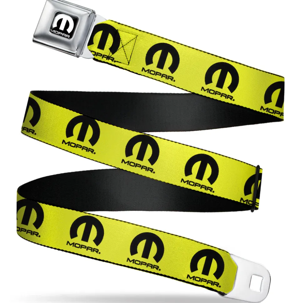 MOPAR Logo Full Color Black/White Seatbelt Belt - MOPAR Logo Repeat Yellow/Black Webbing