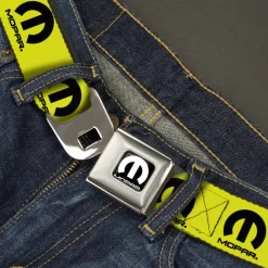 MOPAR Logo Full Color Black/White Seatbelt Belt - MOPAR Logo Repeat Yellow/Black Webbing