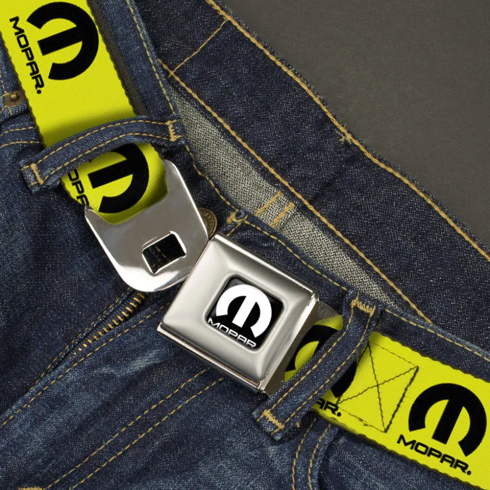 MOPAR Logo Full Color Black/White Seatbelt Belt - MOPAR Logo Repeat Yellow/Black Webbing