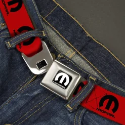 MOPAR Logo Full Color Black/White Seatbelt Belt - MOPAR Logo Repeat Red/Black Webbing