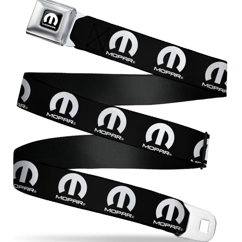 MOPAR Logo Full Color Black/White Seatbelt Belt - MOPAR Logo Repeat Black/White Webbing