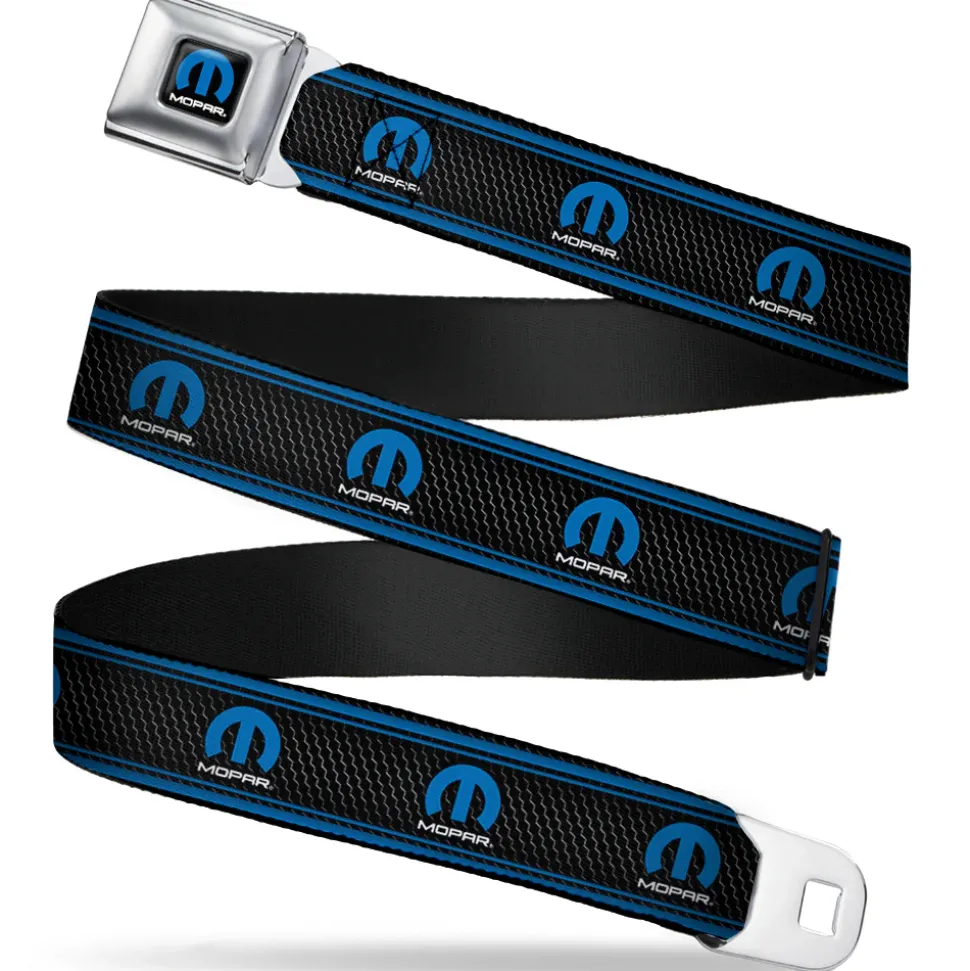 MOPAR Logo Full Color Black Blue White Seatbelt Belt - MOPAR Logo/Stripe/Grill Black/Grays/Blues Webbing