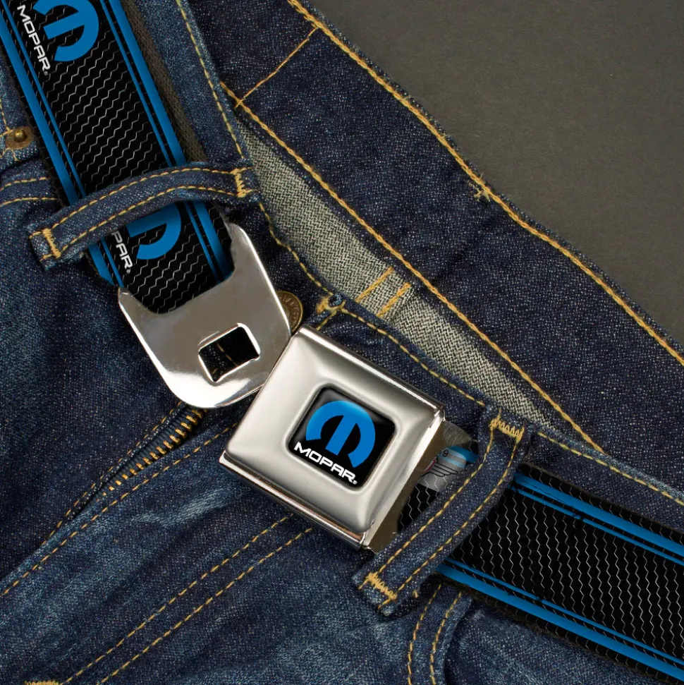 MOPAR Logo Full Color Black Blue White Seatbelt Belt - MOPAR Logo/Stripe/Grill Black/Grays/Blues Webbing