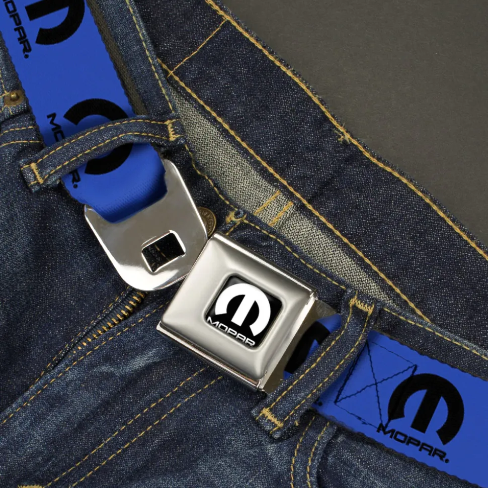 MOPAR Logo Full Color Black/White Seatbelt Belt - MOPAR Logo Repeat Blue/Black Webbing