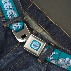 MR. FREEZE Title Logo and Face Full Color Blues Seatbelt Belt - DC Batman Villain MR. FREEZE Poses and Title Logo Blues Webbing