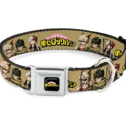 MY HERO ACADEMIA Title Logo Full Color Black Seatbelt Buckle Collar - MY HERO ACADEMIA Character Trio Pose and Title Logo Tan