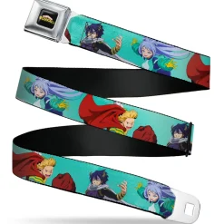 MY HERO ACADEMIA Title Logo Full Color Black Seatbelt Belt - My Hero Academia The Big 3 Action Poses Light Blue Webbing