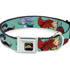 MY HERO ACADEMIA Title Logo Full Color Black Seatbelt Buckle Collar - My Hero Academia The Big 3 Action Poses Light Blue