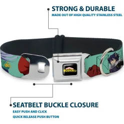 MY HERO ACADEMIA Title Logo Full Color Black Seatbelt Buckle Collar - My Hero Academia The Big 3 Action Poses Light Blue