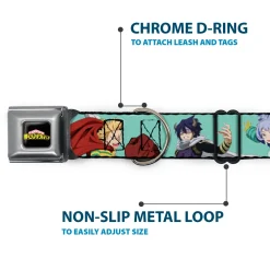MY HERO ACADEMIA Title Logo Full Color Black Seatbelt Buckle Collar - My Hero Academia The Big 3 Action Poses Light Blue