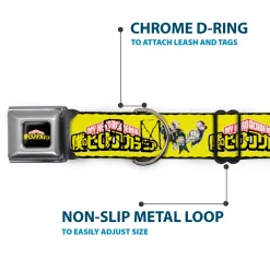 MY HERO ACADEMIA Title Logo Full Color Black Seatbelt Buckle Collar - MY HERO ACADEMIA Character Trio Pose and Title Logo Yellow