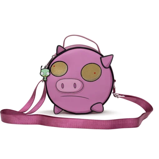 Nickelodeon Bag, Cross Body, Round, Invader Zim Piggy Close Up Applique with Embroidery, Pink, Vegan Leather