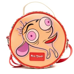 Nickelodeon Vegan Leather Round Crossbody Bag with Adjustable Straps, Ren and Stimpy Character Face Close Up Appliques, Red Beige