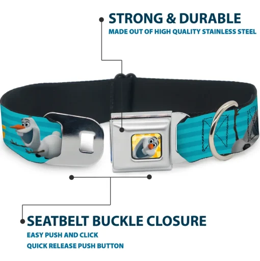 Olaf Face Frozen Sun Full Color Seatbelt Buckle Collar - Olaf Pose I LOVE WARM HUGS Stripe Blues