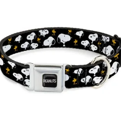 PEANUTS Title Logo Full Color Black/White Seatbelt Buckle Collar - Peanuts Snoopy and Woodstock Poses Scattered Black
