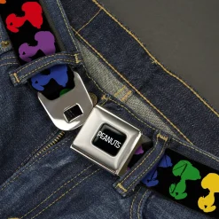 PEANUTS Title Logo Full Color Black/White Seatbelt Belt - Peanuts Snoopy Silhoutte Pose Black/Rainbow Multi Color Webbing