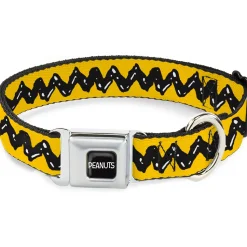 PEANUTS Title Logo Full Color Black/White Seatbelt Buckle Collar - Peanuts Charlie Brown Zig Zag Stripe Yellow/Black