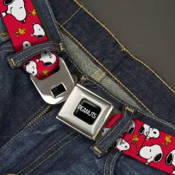 PEANUTS Title Logo Full Color Black/White Seatbelt Belt - Peanuts Snoopy and Woodstock Poses Scattered Red Webbing
