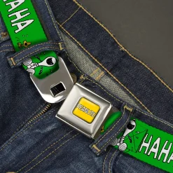 PEANUTS Title Logo Full Color Yellow/White Seatbelt Belt - Peanuts Snoopy and Woodstock Laughing HAHA Pose Green Webbing