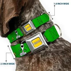 PEANUTS Title Logo Full Color Yellow/White Seatbelt Buckle Collar - Peanuts Snoopy and Woodstock Laughing HAHA Pose Green
