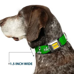 PEANUTS Title Logo Full Color Yellow/White Seatbelt Buckle Collar - Peanuts Snoopy and Woodstock Laughing HAHA Pose Green