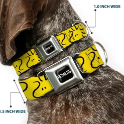 PEANUTS Title Logo Full Color Black/White Seatbelt Buckle Collar - Peanuts Woodstock Line Face Line Art Yellow/Black