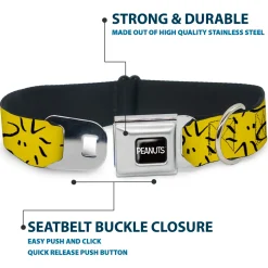 PEANUTS Title Logo Full Color Black/White Seatbelt Buckle Collar - Peanuts Woodstock Line Face Line Art Yellow/Black