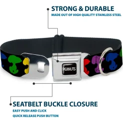 PEANUTS Title Logo Full Color Black/White Seatbelt Buckle Collar - Peanuts Snoopy Silhoutte Pose Black/Rainbow Multi Color