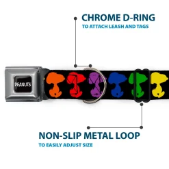 PEANUTS Title Logo Full Color Black/White Seatbelt Buckle Collar - Peanuts Snoopy Silhoutte Pose Black/Rainbow Multi Color