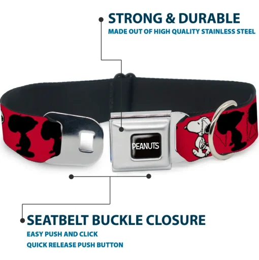 PEANUTS Title Logo Full Color Black/White Seatbelt Buckle Collar - Peanuts Snoopy Walking/Silhouette Pose Red/Black/White