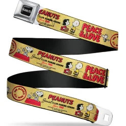 PEANUTS Title Logo Full Color Black/White Seatbelt Belt - PEANUTS SOCIAL CLUB PEACE & LOVE Scenes Yellow/Red Webbing