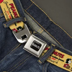 PEANUTS Title Logo Full Color Black/White Seatbelt Belt - PEANUTS SOCIAL CLUB PEACE & LOVE Scenes Yellow/Red Webbing