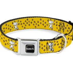 PEANUTS Title Logo Full Color Black/White Seatbelt Buckle Collar - Peanuts Snoopy Smiling Pose/Paw Print Yellow/Black/White