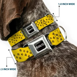 PEANUTS Title Logo Full Color Black/White Seatbelt Buckle Collar - Peanuts Snoopy Smiling Pose/Paw Print Yellow/Black/White