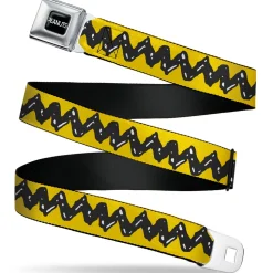 PEANUTS Title Logo Full Color Black/White Seatbelt Belt - Peanuts Charlie Brown Zig Zag Stripe Yellow/Black Webbing