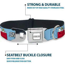 PEANUTS Title Logo Full Color Gray/White Seatbelt Buckle Collar - Peanuts Snoopy and Woodstock Dog House Pose and Text Sky Blue