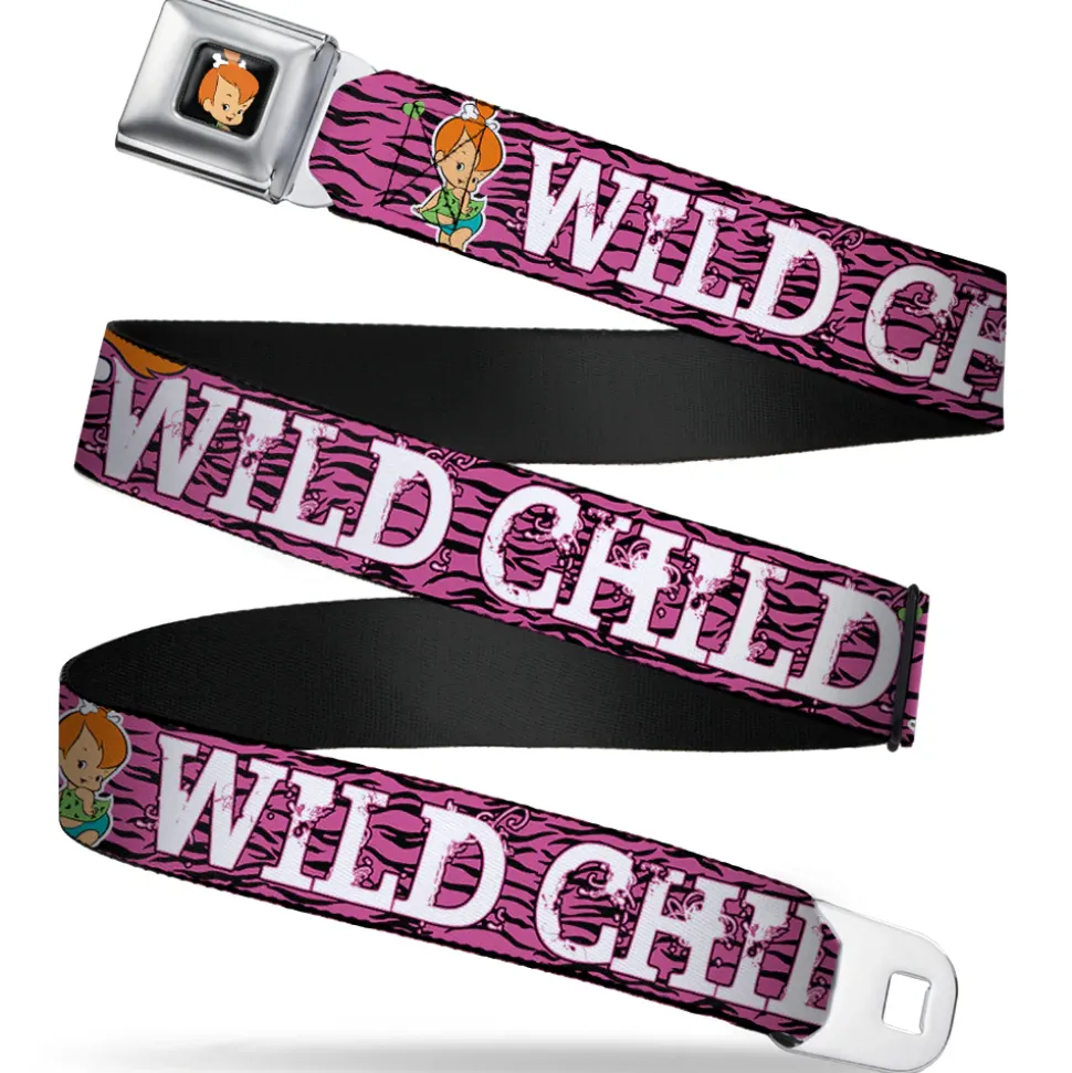 Pebbles Face1 Full Color Black Seatbelt Belt - Pebbles Face/Pose WILD CHILD Pink/Black/White Webbing