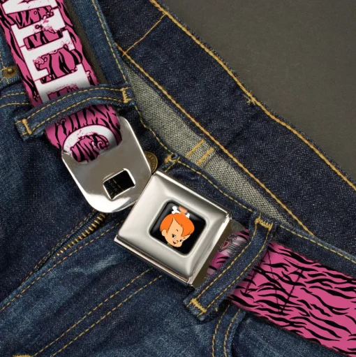 Pebbles Face1 Full Color Black Seatbelt Belt - Pebbles Face/Pose WILD CHILD Pink/Black/White Webbing