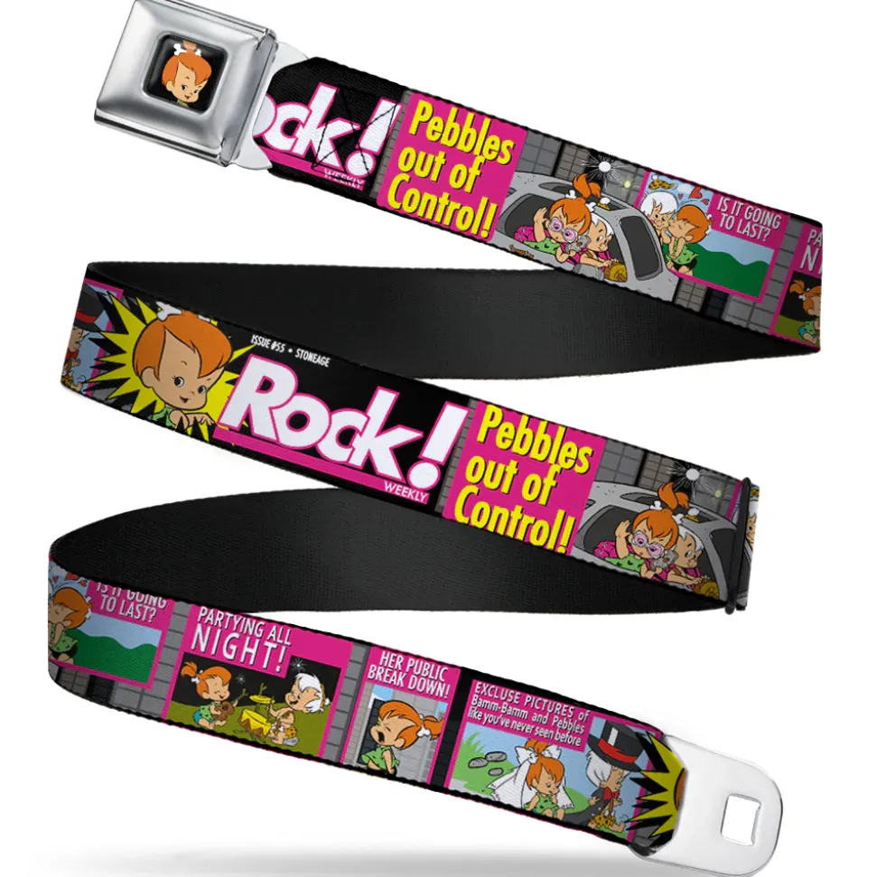 Pebbles Face1 Full Color Black Seatbelt Belt - The Flintstones Tabloid - ROCK! PEBBLES OUT OF CONTROL Webbing