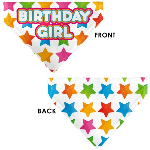 Pet Bandana - BIRTHDAY GIRL Text and Stars White/Multi Color