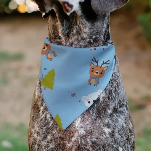 Pet Bandana - Holiday Winter Animals and Christmas Trees Collage Baby Blue