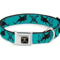 Pirates of The Caribbean Dead Men Tell No Tales Skull Icon Full Color Black Seatbelt Buckle Collar - Pirates Skull & Crossbones/Sharks Turquoise/Black