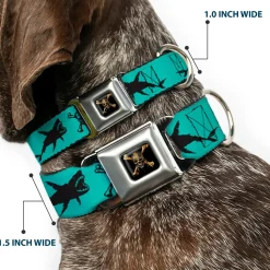 Pirates of The Caribbean Dead Men Tell No Tales Skull Icon Full Color Black Seatbelt Buckle Collar - Pirates Skull & Crossbones/Sharks Turquoise/Black