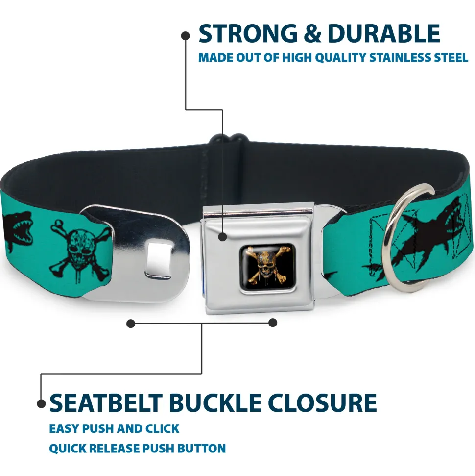 Pirates of The Caribbean Dead Men Tell No Tales Skull Icon Full Color Black Seatbelt Buckle Collar - Pirates Skull & Crossbones/Sharks Turquoise/Black