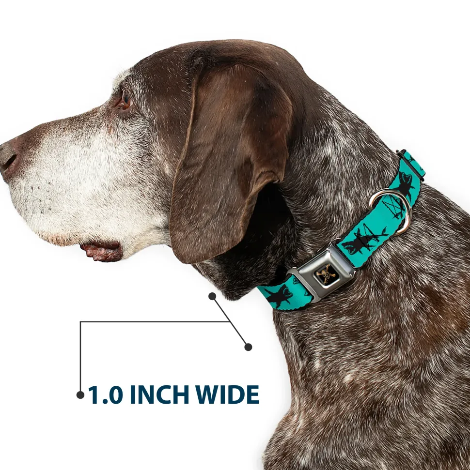Pirates of The Caribbean Dead Men Tell No Tales Skull Icon Full Color Black Seatbelt Buckle Collar - Pirates Skull & Crossbones/Sharks Turquoise/Black