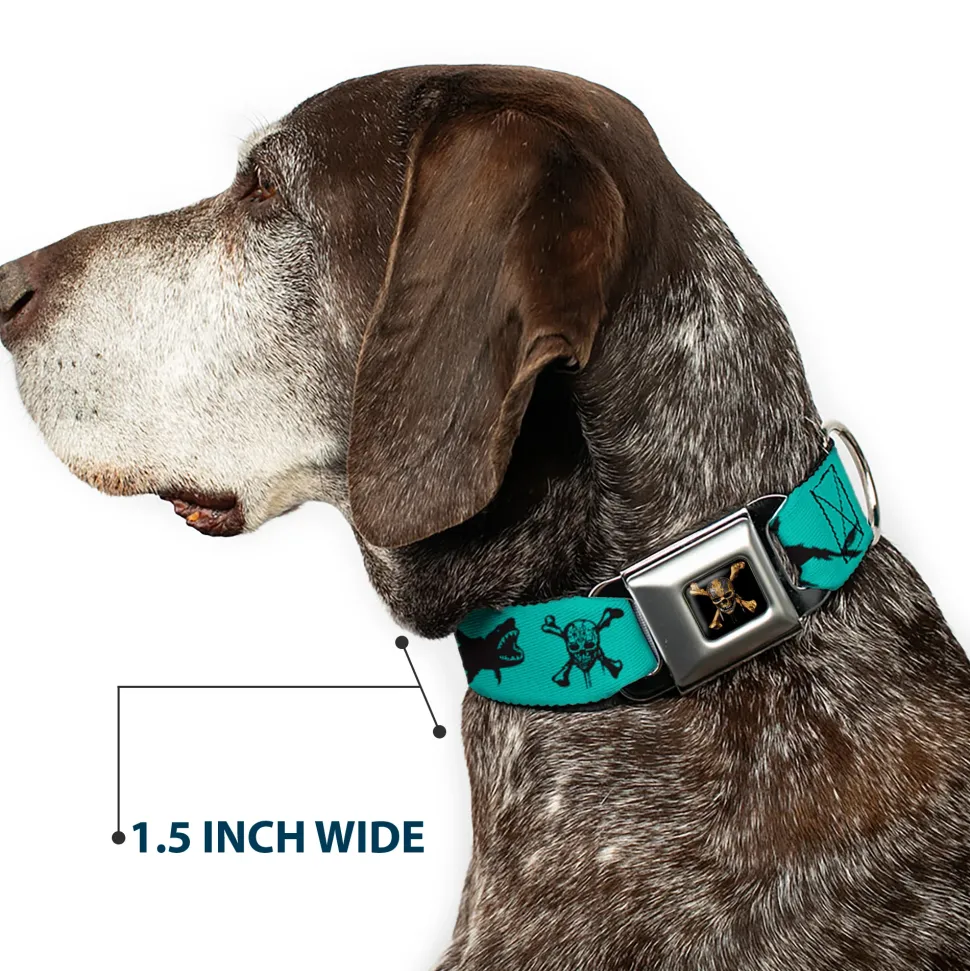 Pirates of The Caribbean Dead Men Tell No Tales Skull Icon Full Color Black Seatbelt Buckle Collar - Pirates Skull & Crossbones/Sharks Turquoise/Black