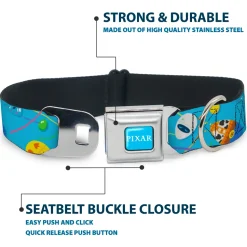 PIXAR Title Logo Full Color Blue/White Seatbelt Buckle Collar - Pixar Holiday Collection Easter Egg Characters Scattered Blue