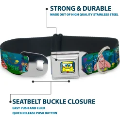 Pixelated SpongeBob Nerd Pose Full Color Blue Seatbelt Buckle Collar - SpongeBob & Friends 8-Bit Scene